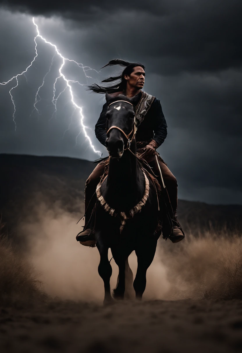 Native American man riding a black horse. One of the Indians' hand is in the air,Lightning shot out of his hand. Black wolves coming towards them from a distance