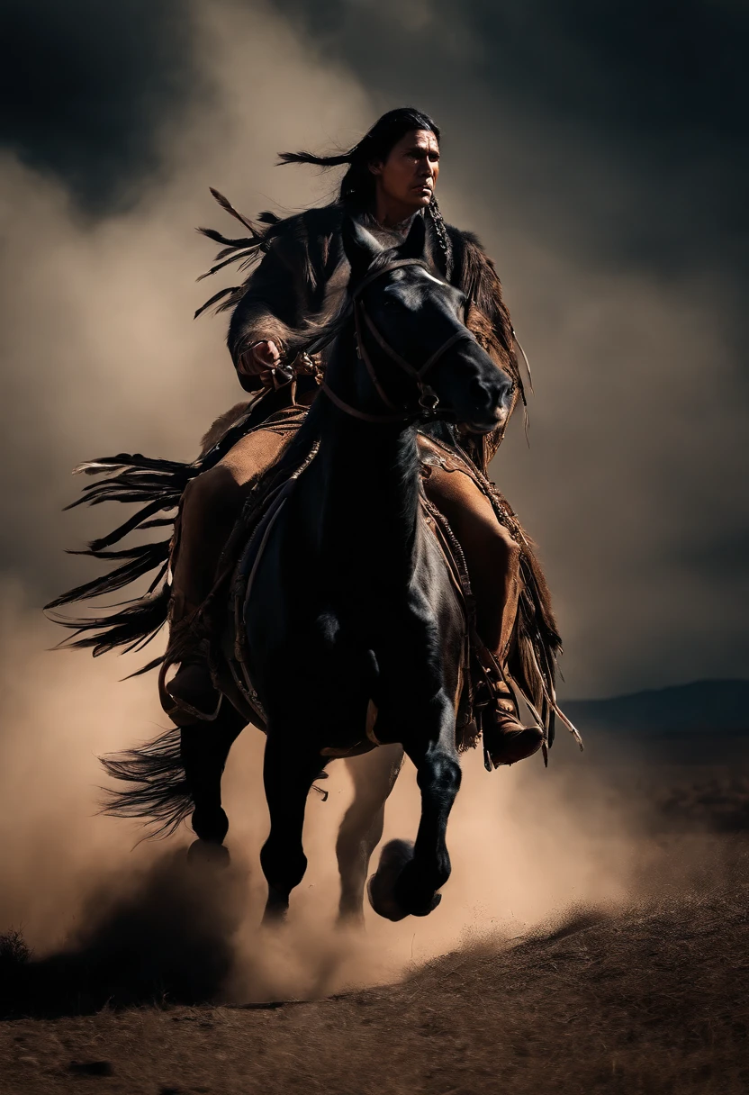 Native American man riding a black horse. One of the Indians' hand is in the air，Lightning shot out of his hand. Black wolves coming towards them from a distance