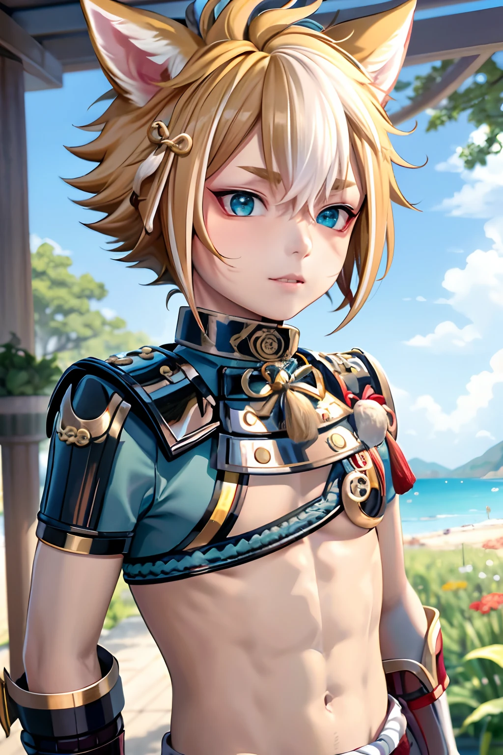 gorou (genshin impact),little boy, 1boy, male focus, animal ears, solo, multicolored hair, brown hair, dog boy, white hair, tassel, dog ears, armor, upper body, streaked hair, bangs,NSFW,small