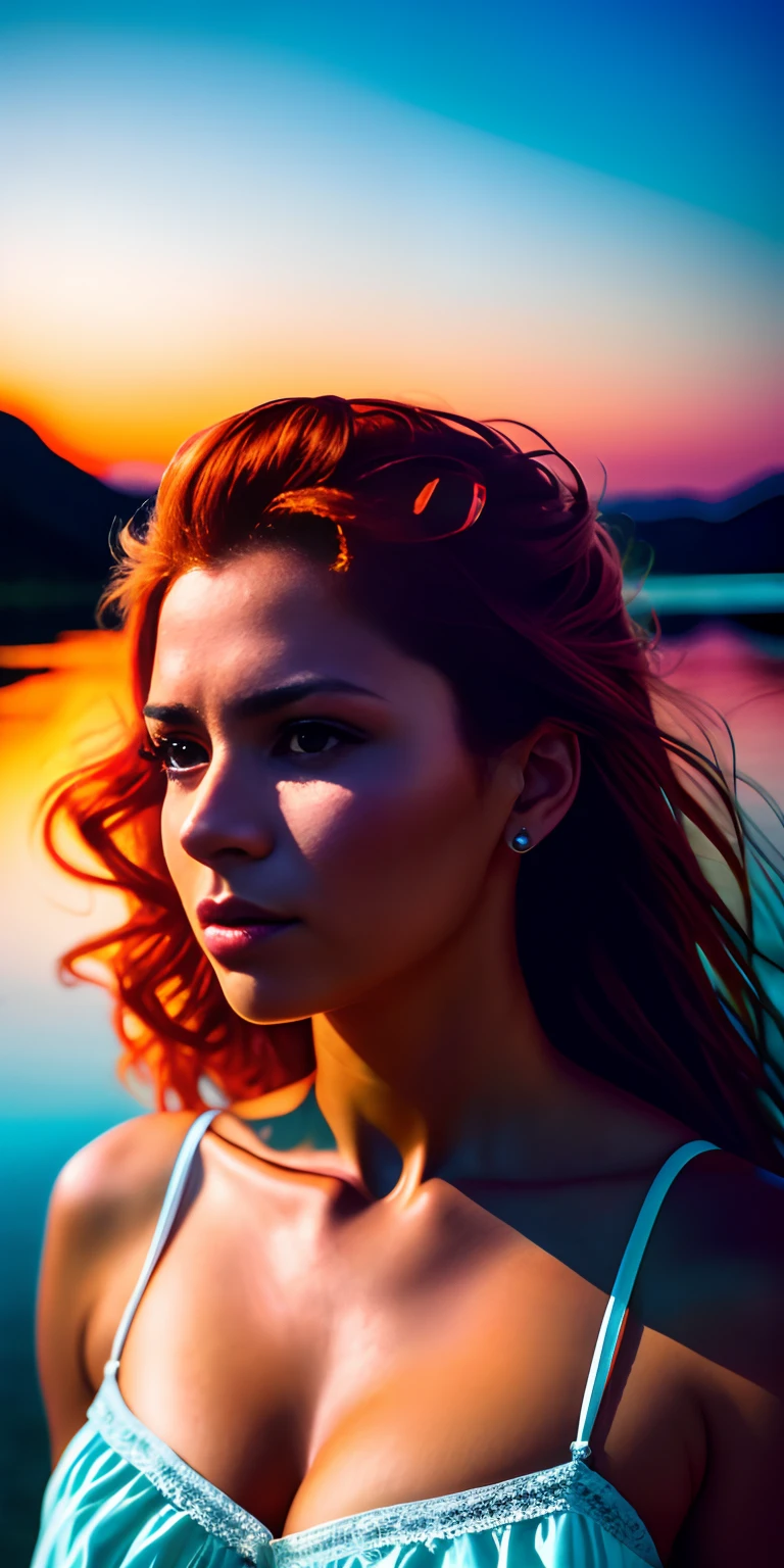 mulher ruiva caucasiana bonita de 26 anos, em renda nightie, timidez, sedution, Romantismo, boca aberta, olhar amoroso, em uma rocha suspensa, Lago ao fundo, Sunset, fotorrealista, fotografia, master part, Realistic, realismo, fotorrealismoo, alto contraste, Modern photorealistic digital art on Artstation 8k HD realistic high definition detailed, circunstanciado, textura da pele, hiper detalhado, textura de pele realista, best quality, Ultra high resolution, (fotorrealista: 1.4),, high resolution, circunstanciado, Foto RAW, sharp re, por Lee Jeffries Nikon D850 Film Fotografia de Stock 4 Kodak Portra 400 F1.6 Rich camera lens colors Hyper realistic texture Dramatic lighting Unrealistic trend on ArtStation Cinestill 800, Sem texto