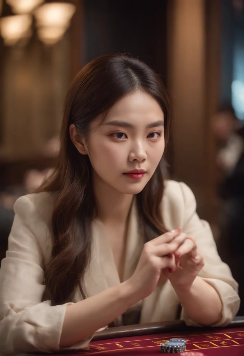 dealer、Young Korean woman playing baccarat cards