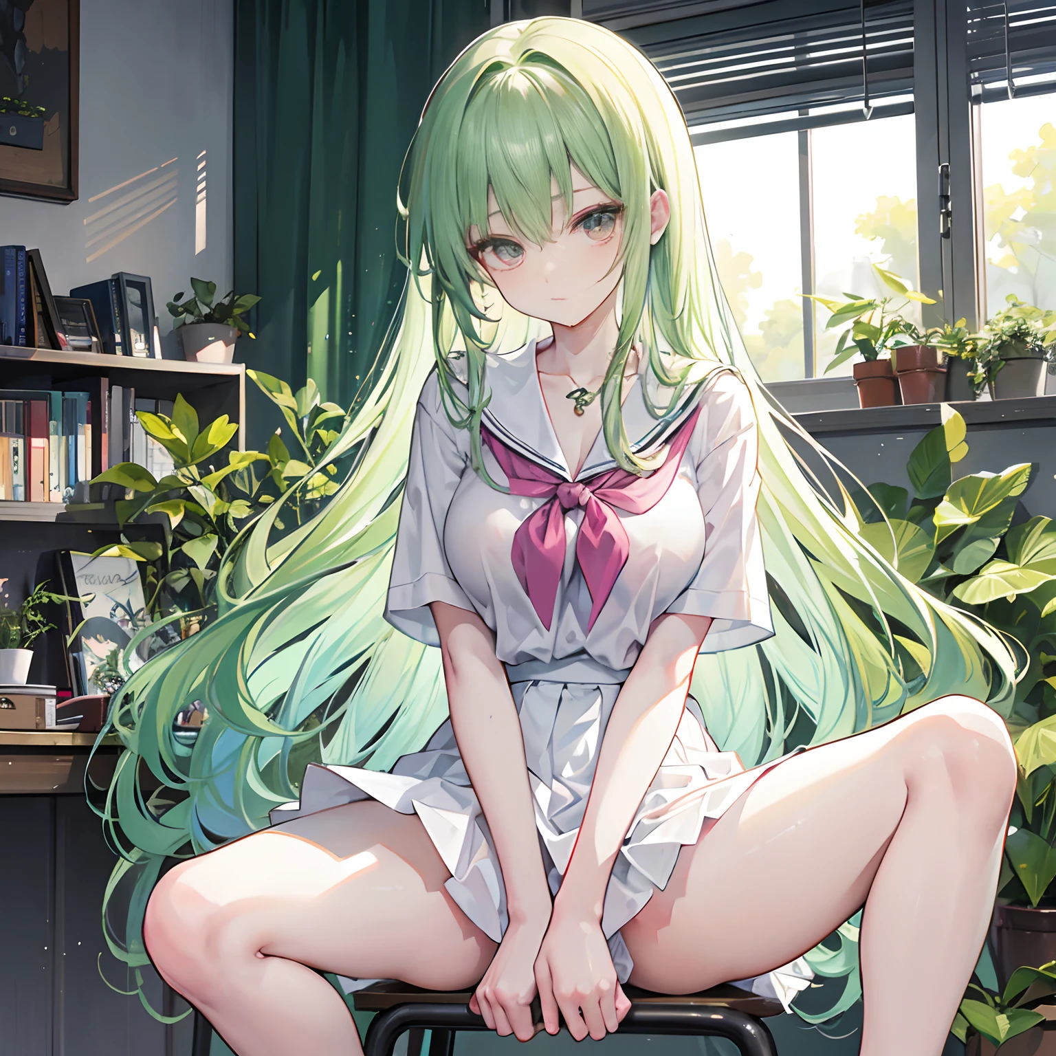 Long pale green hair,Microvolumes,dual horsetail,,huge tit,Pink eyes,chiquita,Hair curtains,sit on chair,Holding Erlang's legs,Bare legged,close-up on legs,Long legs,A bottom-up perspective,hand on leg,,Clothes soaked with sweat,The chest is high,The look of holding your head up and your chest up,Wearing a white school uniform,white skirt