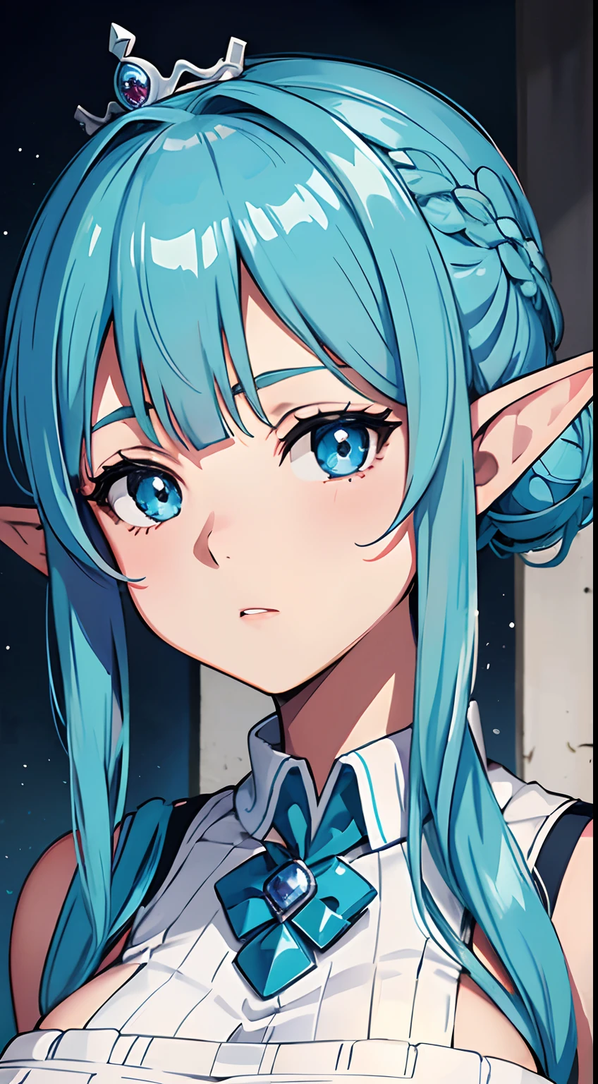 anime girl in white dress with blue hair and big breast, looking surprised, underrated, wearing a toga, aqua, elf queen, royal wedding, beatiful, blue eye, ultra detailed, best quality, expressive eyes, perfect face
