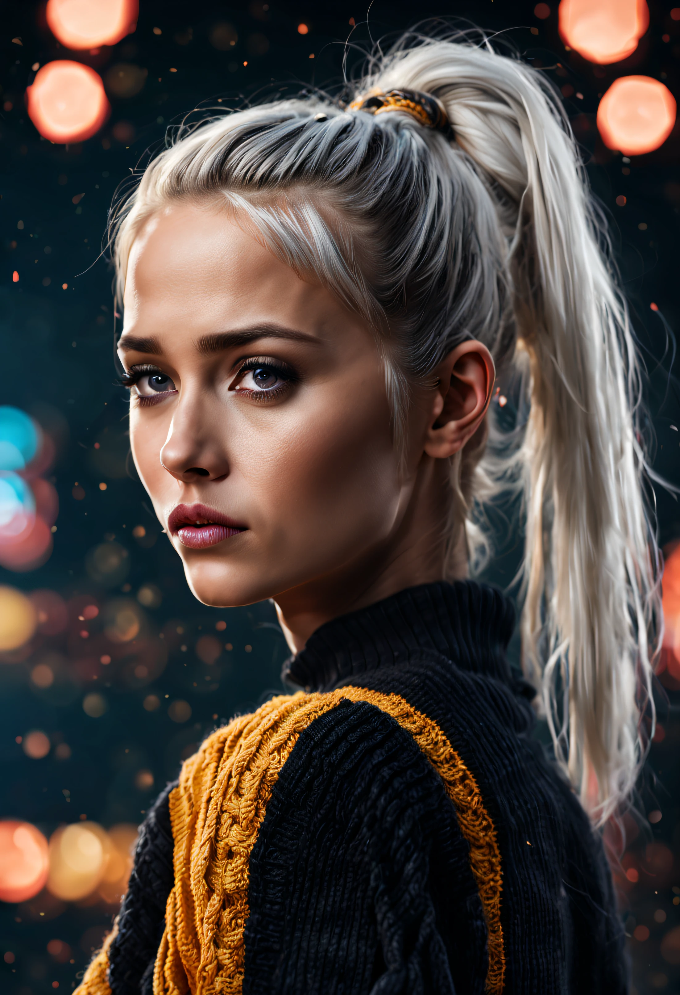 (masterpiece:1.3), (8k, photorealistic, RAW photo, best quality: 1.4), A girl with white hair and a tied ponytail is looking towards the circus, looking at 3rd person, beautiful face, (realistic face), (black hair, short hair:1.3), beautiful hairstyle, realistic eyes, beautiful detailed eyes, (realistic skin), beautiful skin, (sweater), Absurdres, attractive, ultra high res, ultra realistic, highly detailed, golden ratio