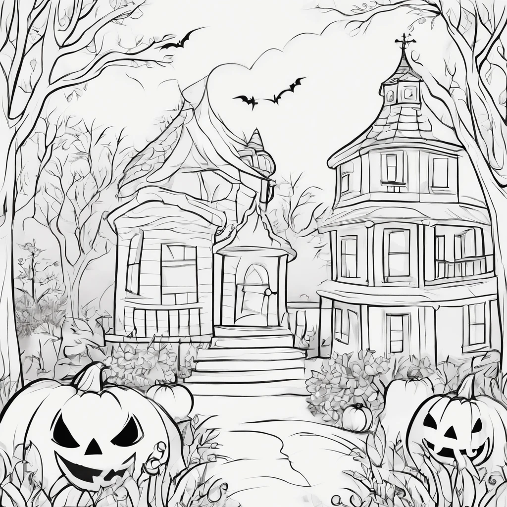 Cute Halloween, cartoon style, Line drawing background, White background, monochrome, line-drawing, ((sketch)), Baby Coloring Thick lines sharpened.