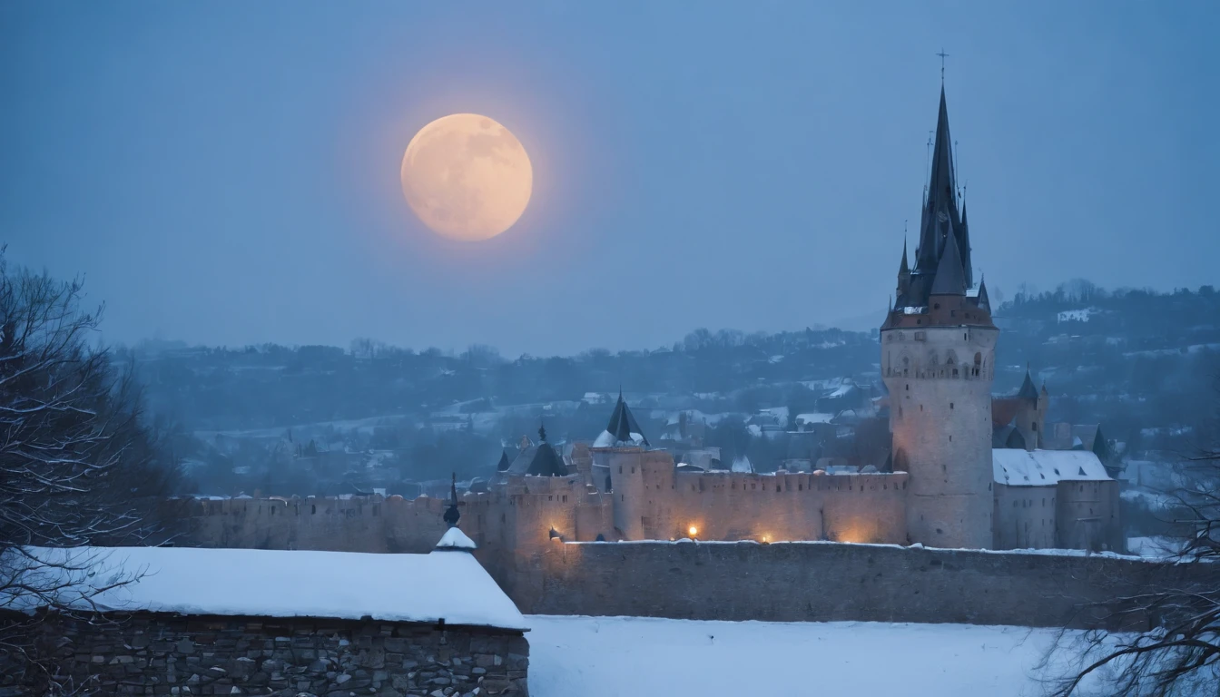 view from castle balcony, snow, night, large blue moon, cinematic scene from film, medieval Hungary