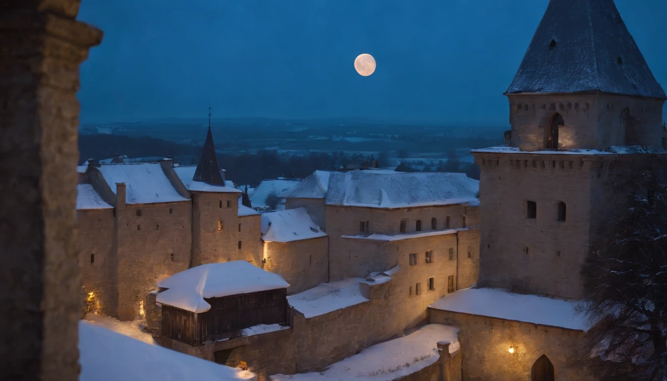 view from castle balcony, snow, night, large blue moon, cinematic scene from film, medieval Hungary