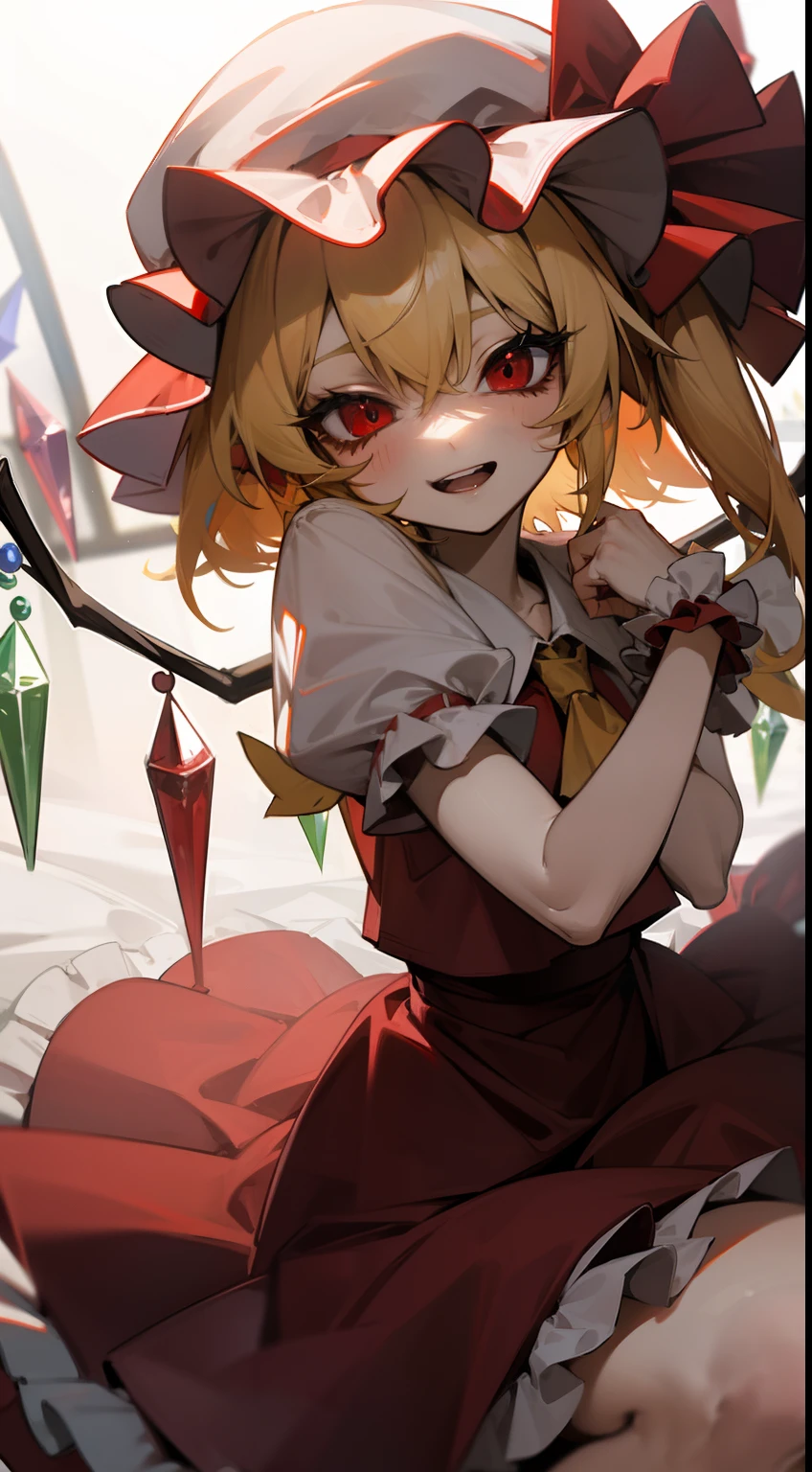 (masterpiece),best quality, expressive eyes, perfect face, 1girl,
big breast, H-cup, good breast, beautiful, gorgeous,anime,girl,lora,  flandre scarlet,
1girl,blonde hair,mob cap,hair bow,bowtie,side ponytail,wings,short sleeves,vest,ascot,on all fours