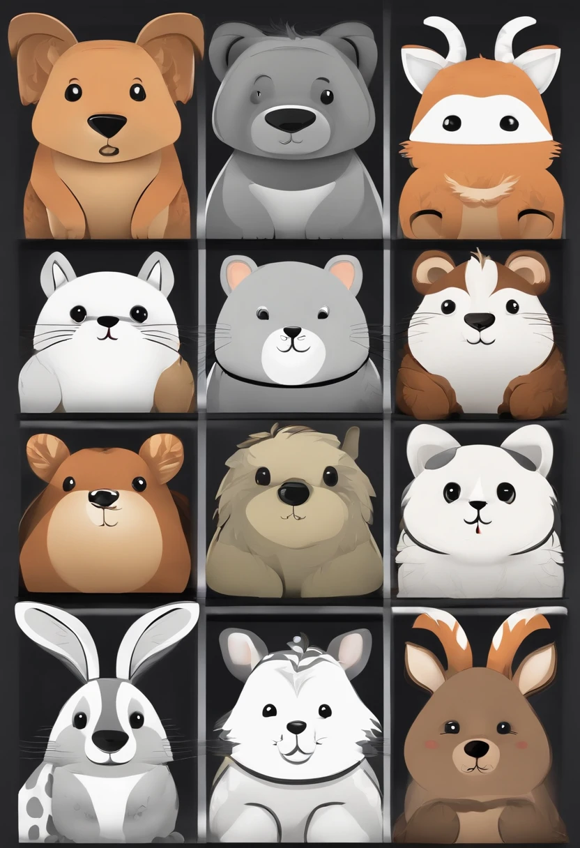 Create black and white pages of cute cartoon-style land animals with low profile., No shading, No shadow, no background, And no borders..