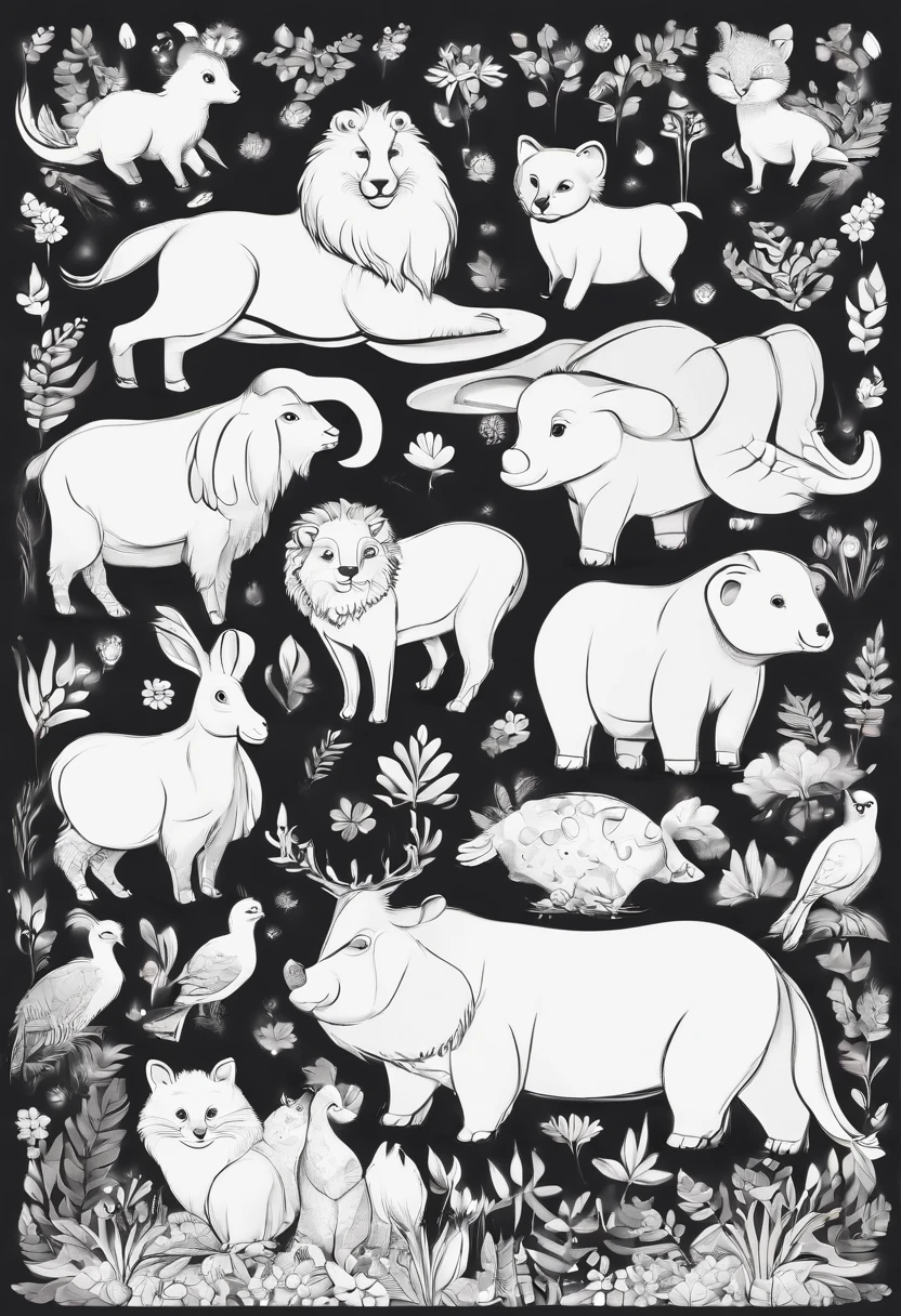 Create black and white pages of cute cartoon-style land animals with low profile., No shading, No shadow, no background, And no borders..