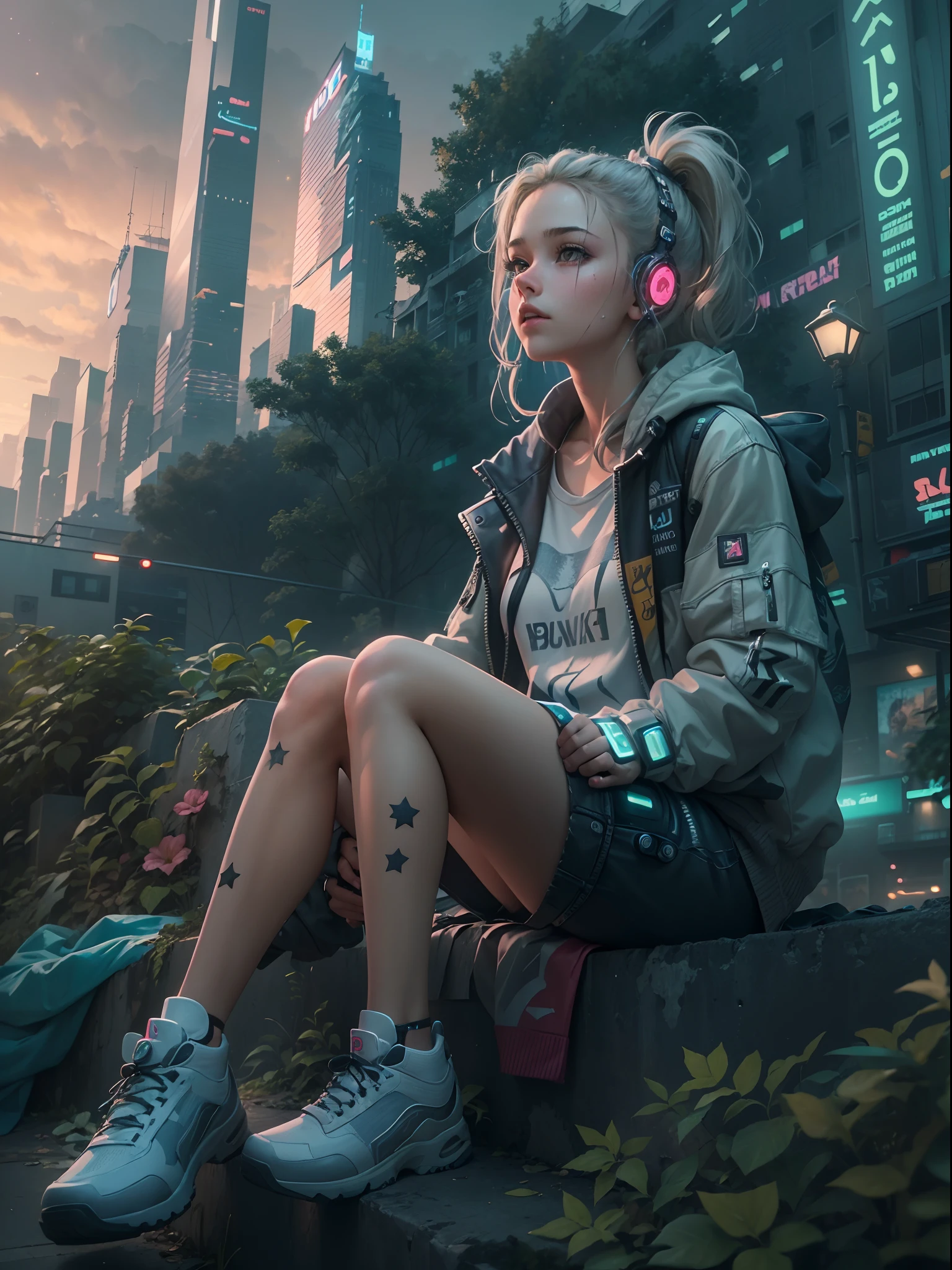((Best quality)) , ((Masterpiece)) , (Detailed) , (cyber punk perssonage),Skilled underage female philosopher, Streets and vegetation, Stars in the sky, FOV 90 degrees, Ultra detailed, hyper photorealism, hair light, fisheyelens, Bitter, 8K resolution、
