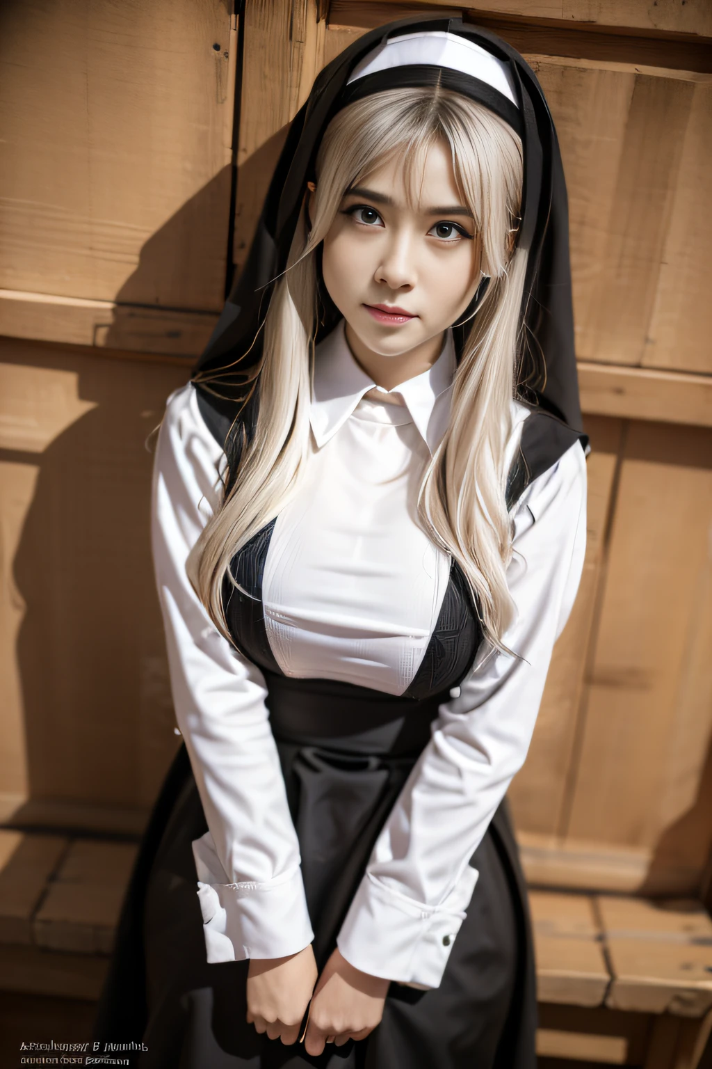 25-year-old girl, In a monk's cassock, nun, white colored hair, with stockings, (intricate details:0.9), (HDR, hyper-detailing:1.2), (natural skin textures, hyper realisitc, soft light, Sharp), Photos in RAW and 35mm format, (Intricate Detail 1.5).