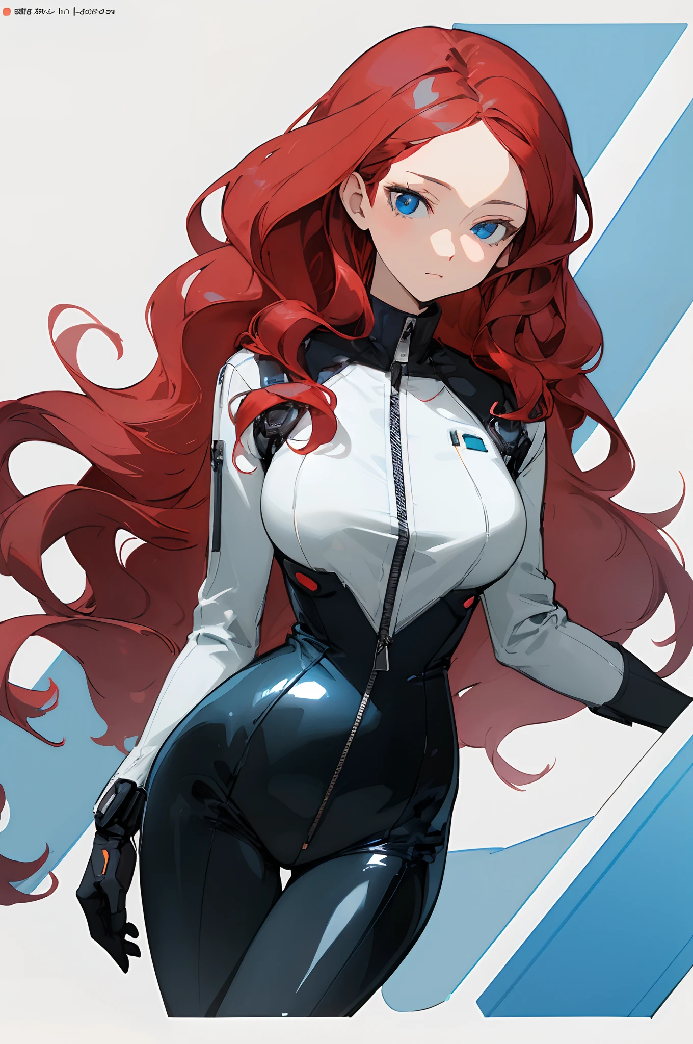(masterpiece, best quality) detailed, 1Character , blue archive art style , wearing Black bodysuit, white accents , zip up , futuristic, shiny , A beautiful mature woman , red hair ,  long hair , wavy hair , blue eyes  eyes ,  age 40,

 , pastel washed out colors , cell shade ,