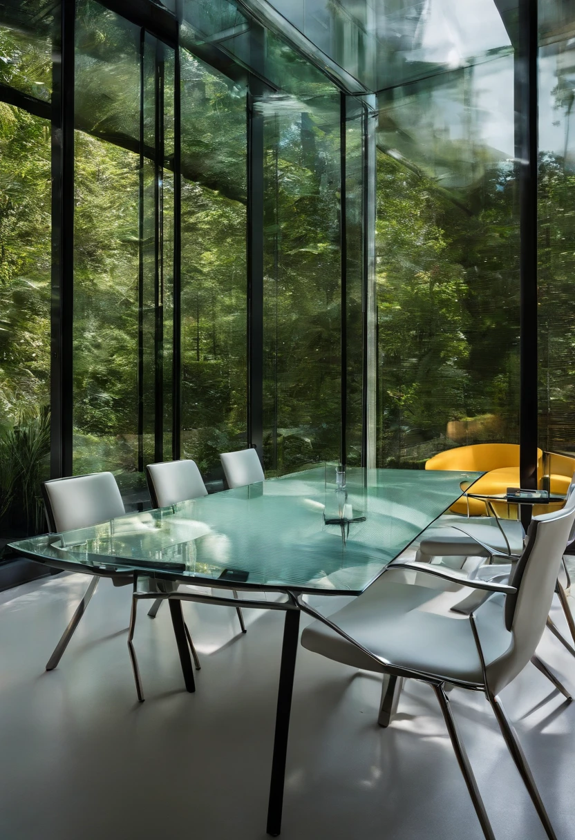Close-up of a table,Chairs and glass walls, Meeting room office, show room scene, Clear glass wall, Glass room, Office, Modern office