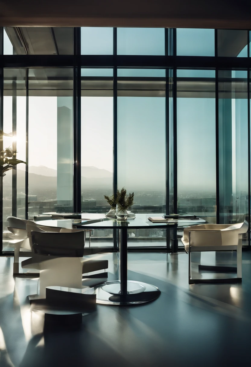Close-up of a table,Chairs and glass walls, Meeting room office, show room scene, Clear glass wall, Glass room, Office, Modern office
