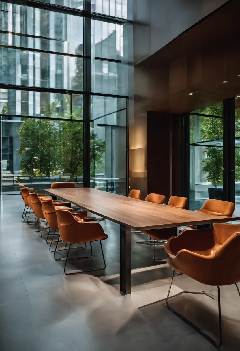 Close-up of a table,Chairs and glass walls, Meeting room office, show room scene, Clear glass wall, Glass room, Office, Modern office