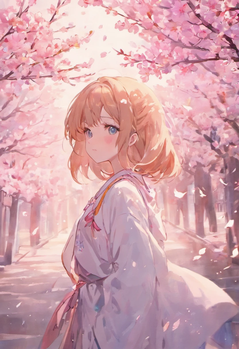Cherry blossoms fall in the background,The girl's melancholy face,The hair color is white,A full face,The clothes are talking blue,The subject of the painting is a mysterious girl with cherry blossoms falling。,perfectly proportions,Beautiful body proportions,Full body face proportions