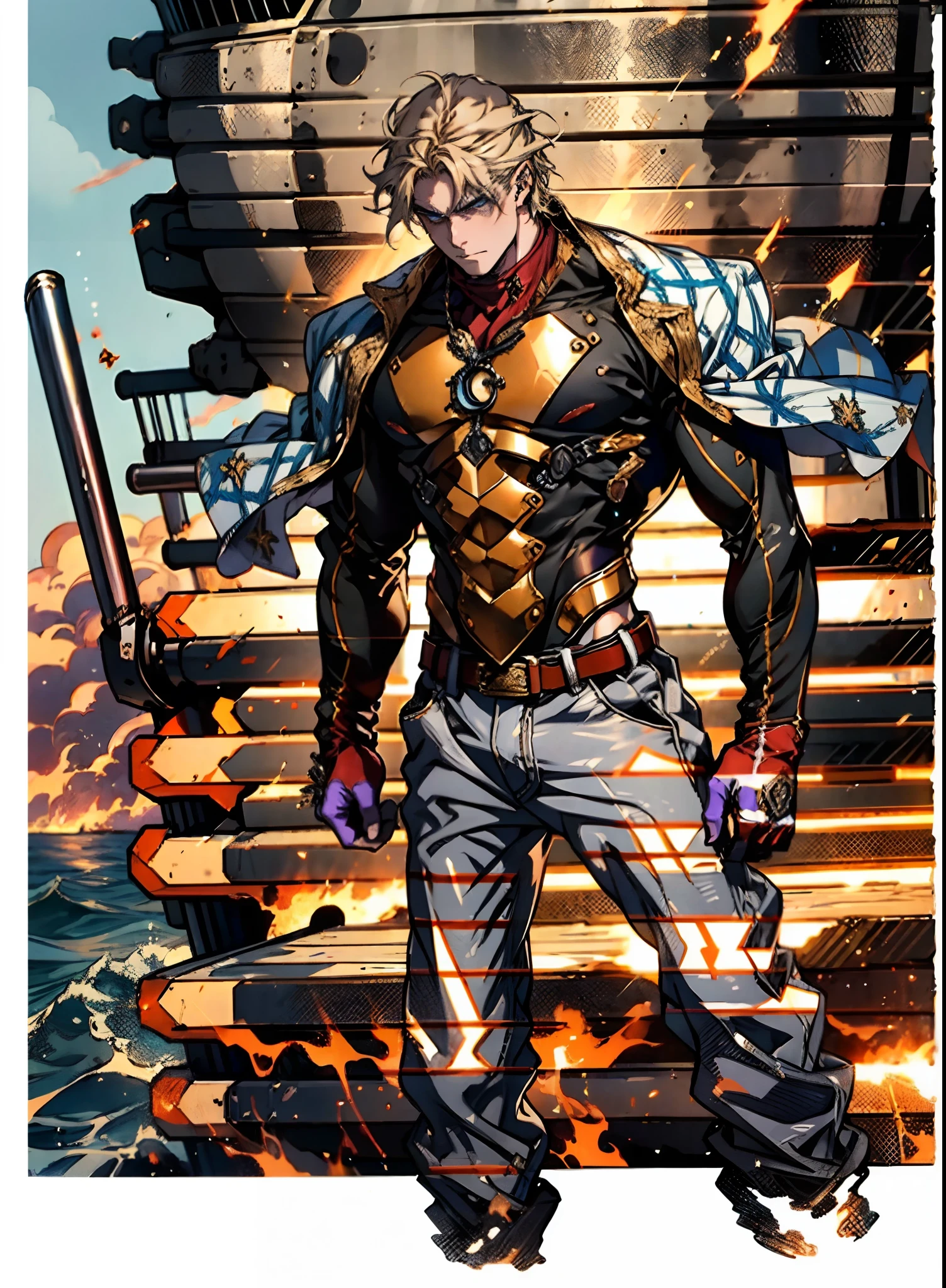 A middle-aged man with short golden hair, thick and tousled hair, a stern look, sharp eyes, well-defined facial features, a strong physique, he wears a short cape that flutters in the wind, a tight-fitting fantasy-style outfit, primarily in shades of blue-purple, accented by touches of orange-red and white, a gold belt with red jewels, matching trousers, the backdrop of a raging sea battle scene, a scene of intense naval warfare unfolds, this character embodies a finely crafted fantasy-style formidable maritime overlord in anime style, characterized by an exquisite and mature manga illustration art style, high definition, best quality, highres, ultra-detailed, ultra-fine painting, extremely delicate, professional, anatomically correct, symmetrical face, extremely detailed eyes and face, high quality eyes, creativity, RAW photo, UHD, 8k, Natural light, cinematic lighting, masterpiece:1.5