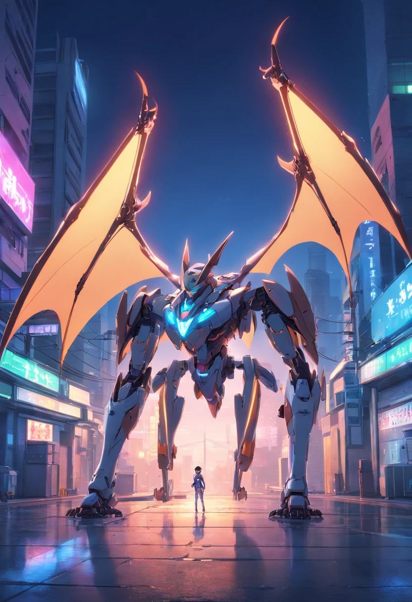 make a Wyvern robot, It looks like a dragon with no front arms, has a long neck, apenas duas asas e pernas traseiras fortes, The body is long and slender, com uma cauda longa e afilada, Its two wings have a wingspan larger than the length of the body and similar to a bat, tem pernas traseiras musculosas e garras afiadas, Cyberpunk, brilho sonhador, luminous neon lights, limpo, fundo branco, ( global ilumination, Travessia de estrias, HDR, unreal render, Reasonable design, High detail, piece of master, best quality, hiper HD, Cinematic lighting)