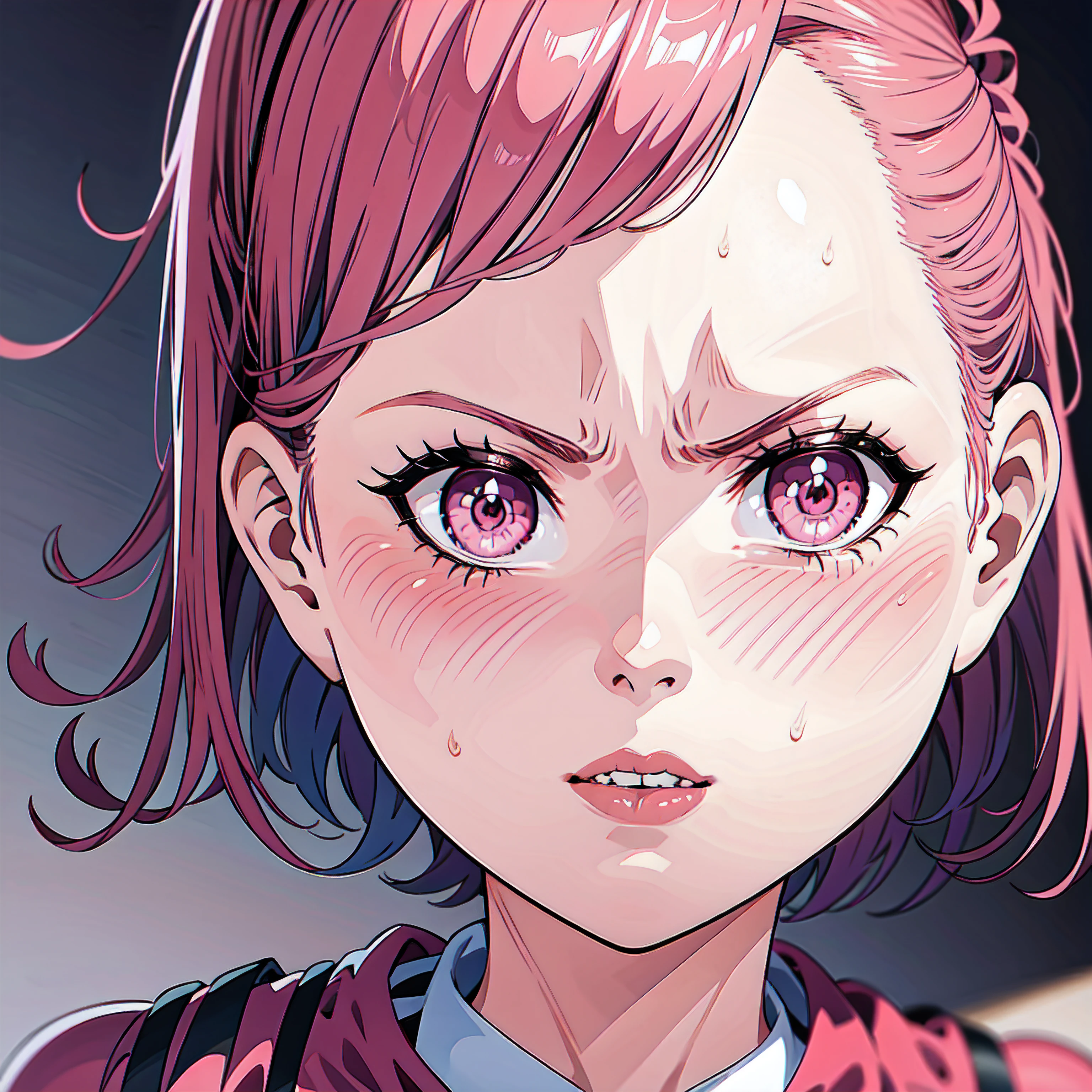 1girl, pink eyes, short pink hair, beautiful face, lips, she has a angry expression, wearing pink dress, close up, gray background, Best quality, masterpiece, high resolution