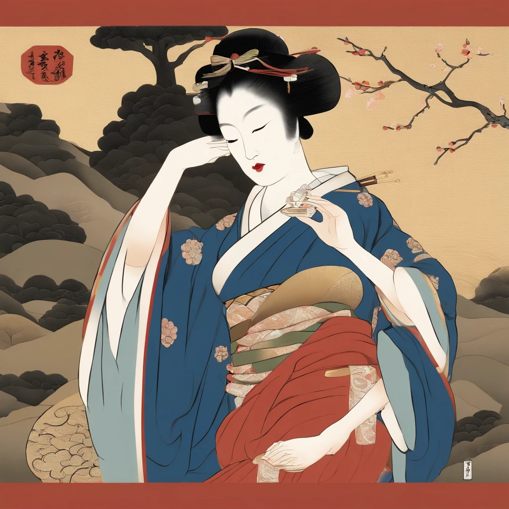 Full body、masutepiece、top-quality、ukiyoe painting　Sharaku　Woman Blowing Beadlo