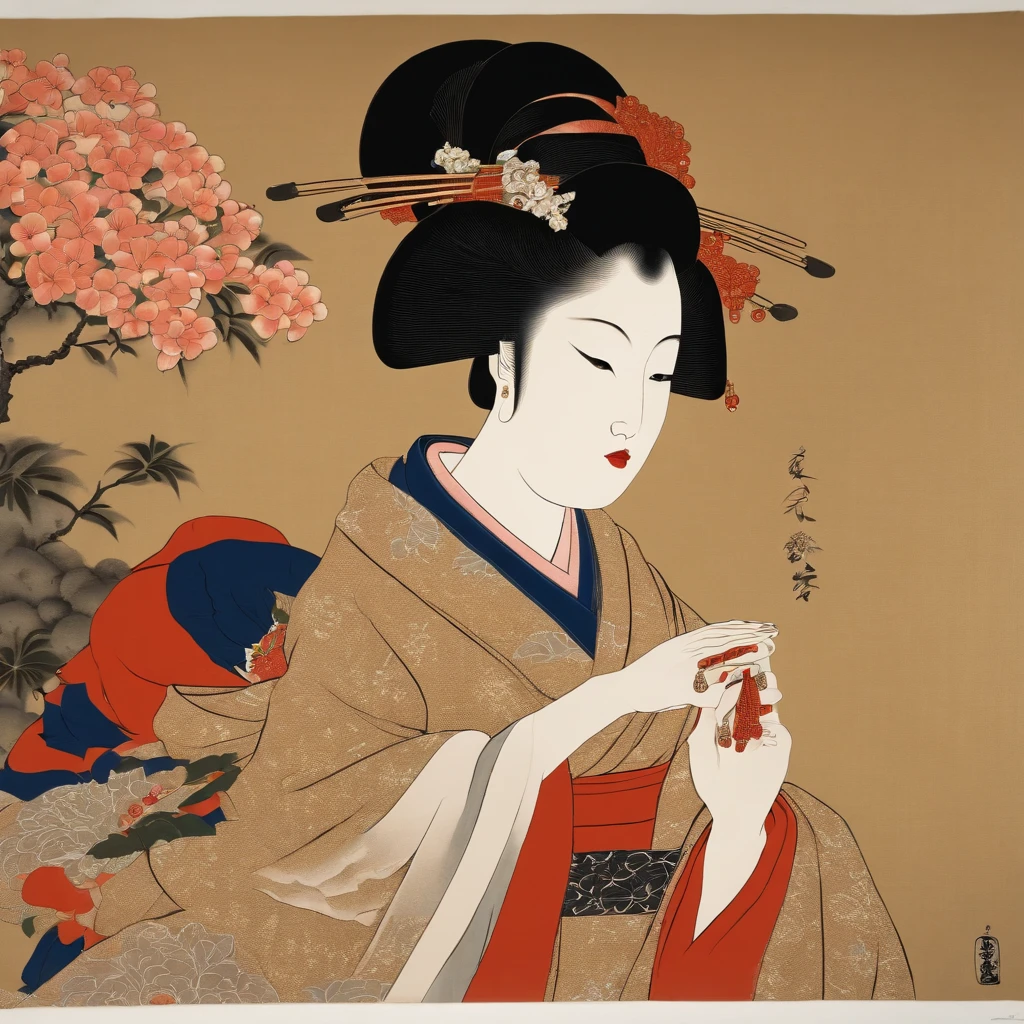 Full body、masutepiece、top-quality、ukiyoe painting Sharaku Woman Blowing Beadlo
