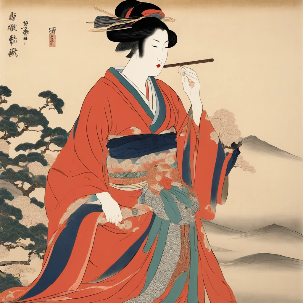 Full body、masutepiece、top-quality、ukiyoe painting　Sharaku　Woman Blowing Beadlo