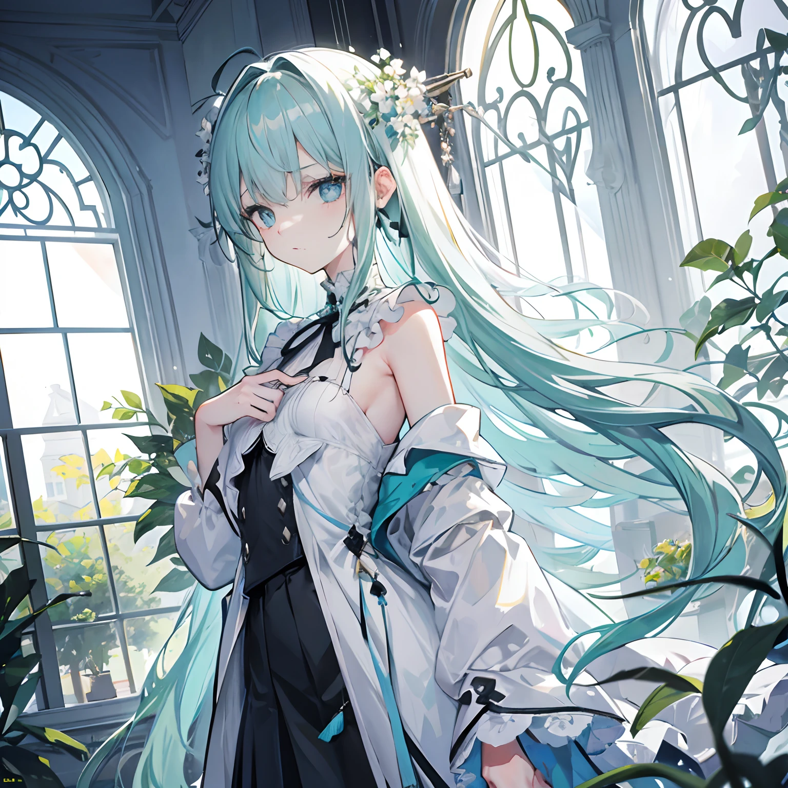 Long pale green hair scattered,,A flower is pinned to the head,Hair curtains,Two hair curtains on both sides,dual horsetail,Microvolumes,Short white off-the-shoulder sleeves cover the neck,The black thin jacket is half off to the shoulders,Moderately tall chest,Crystal blue sky blue eyes,Black knee-covered skirt,black lence stockings,His face was slightly red,expressiveless,The angle of inclination,Whole body diagram,cold shades