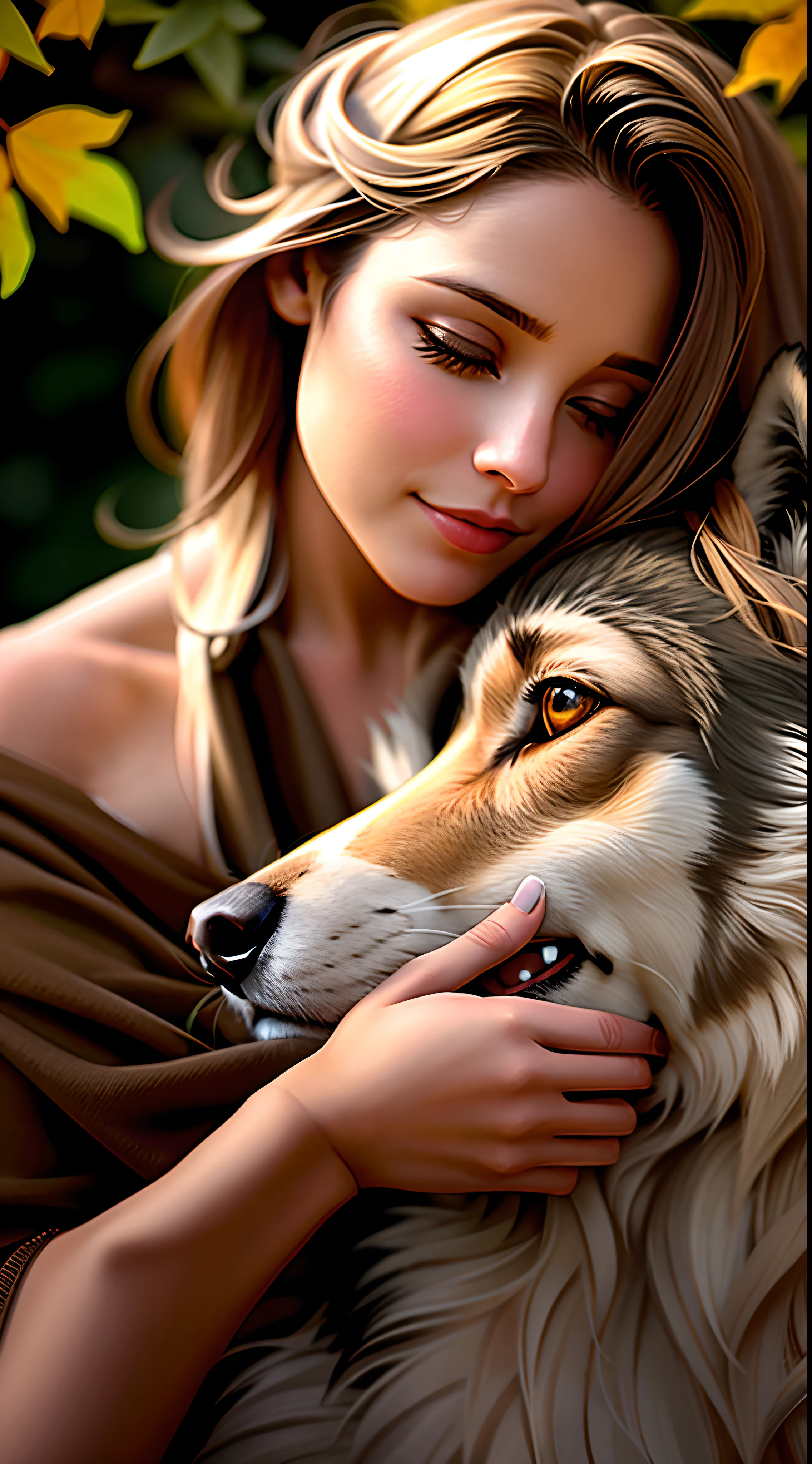 A woman is hugging a wolf in a field of leaves, wolfgirl, Magali Villeneuve», very realistic, companheiro lobo, lobo como um humano, Lobos e seus tesouros, Angiewolf, female anthropomorphic wolf, arte bonita, foto do perfil, retrato de alta qualidade, mulher linda, Directed by: Adrienn Henczné Deák, muito realista