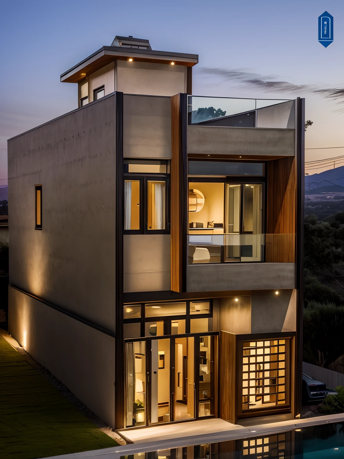 Hyper realistic eye level exterior photo of a mid century modemn style house overlooking the valley. daylight, indirect lighting House, wood, Chile, Sunset,