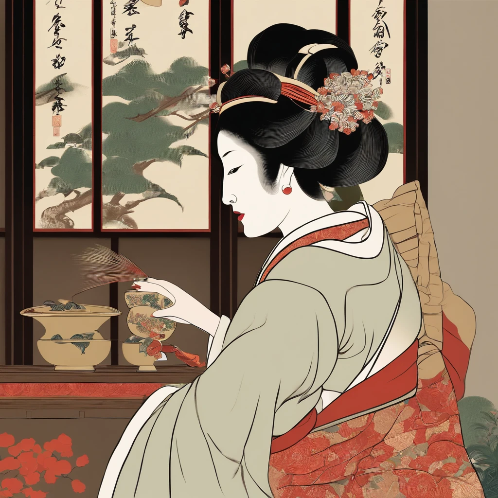 Full body、masutepiece、top-quality、ukiyoe painting Sharaku Woman Blowing Beadlo