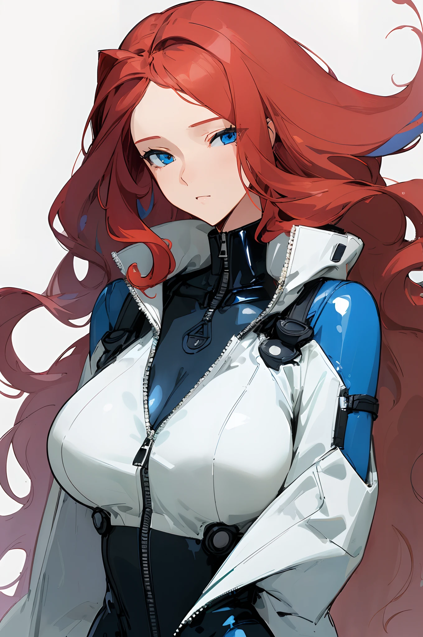 (masterpiece, best quality) detailed, 1Character , blue archive art style , wearing Black bodysuit, white accents , zip up , futuristic, shiny , A beautiful mature woman , red hair ,  long hair , wavy hair , blue eyes  eyes ,  age 40,

 , pastel washed out colors , cell shade ,