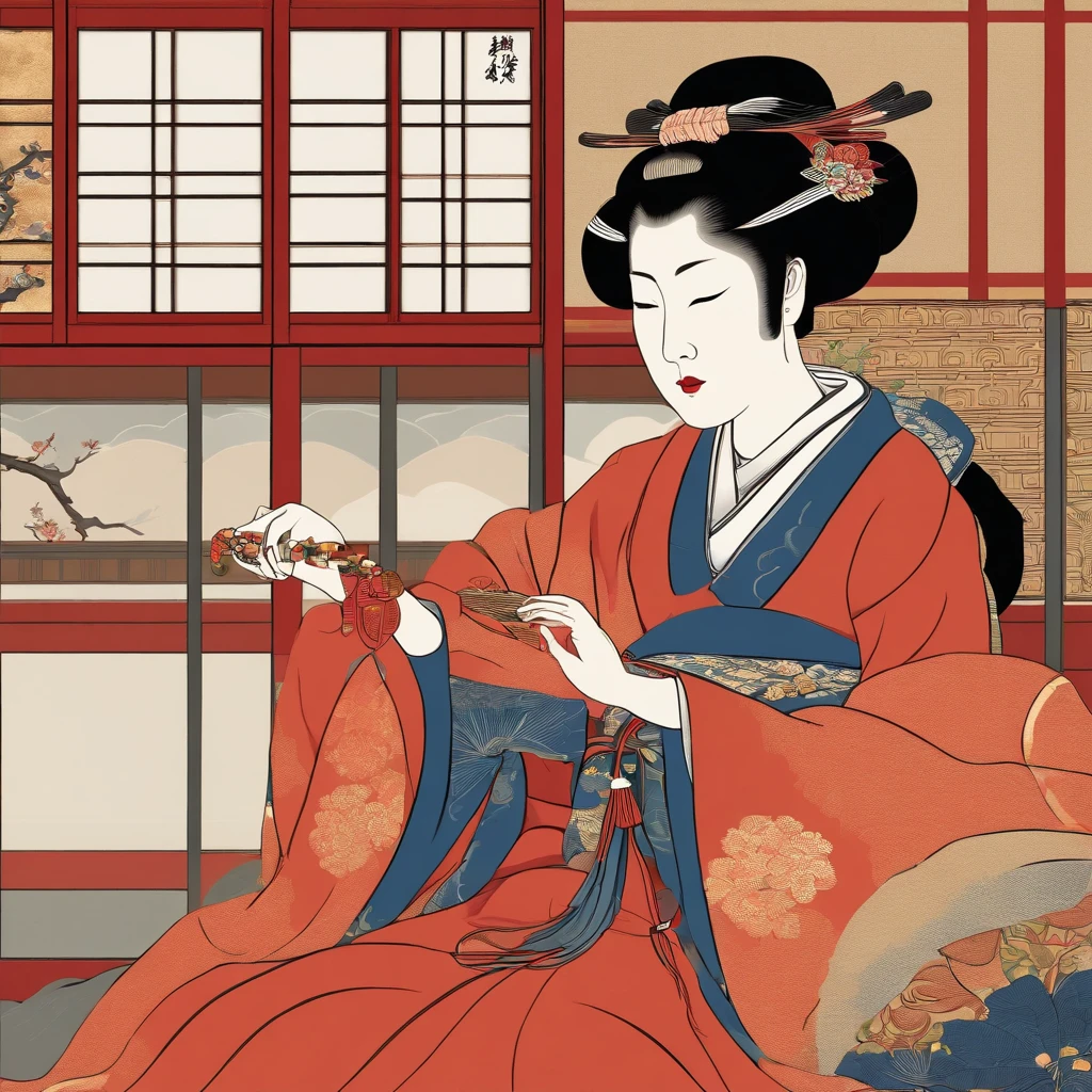 ((masterpiece, best quality)), insaneres, absurdres, solo, 
ARTSTYLE_Kunisada_ownwaifu, fine art parody, japanese clothes, 1girl, blue kimono, boat, watercraft, comb, black hair, hair ornament, hair stick, kanzashi, traditional media, hand fan
(from above, sitting)<lora:ARTSTYLE_Kunisada_ownwaifu:0.9>,
looking at viewer,