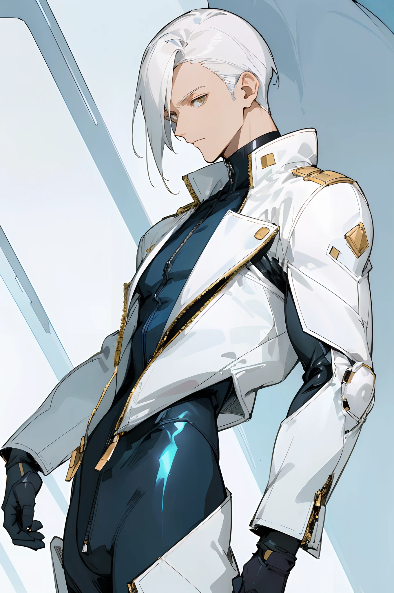 (masterpiece, best quality) detailed, 1Character , blue archive art style , wearing Black bodysuit, white accents , zip up , futuristic, shiny , Handsome man , White hair , very Short hair , gold eyes , light skin , mature man , pale skin , muscular, tall , age 35 , 
 , pastel washed out colors , cell shade ,
