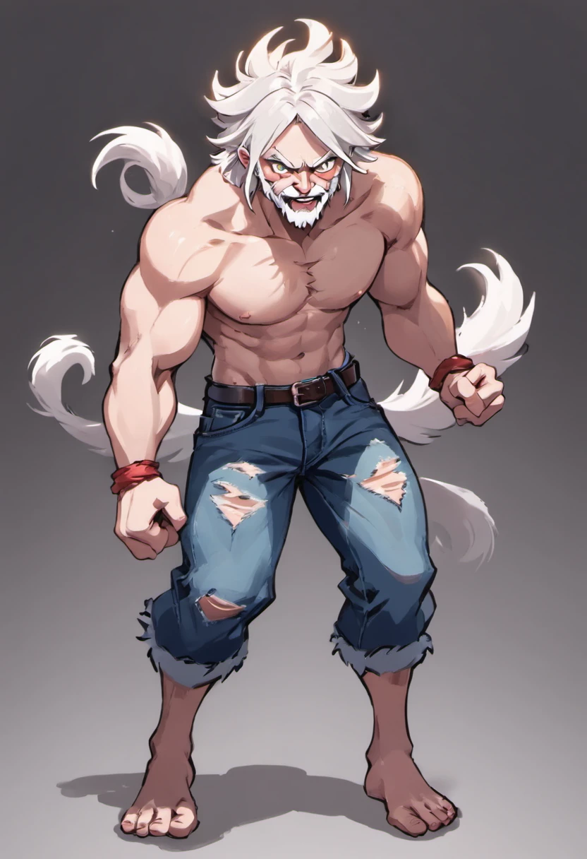 Shirtless muscular male wearing distressed jeans, has flowing white hair, has wolf ears, has wolf tail, has light beard, happy, silly, himbo,