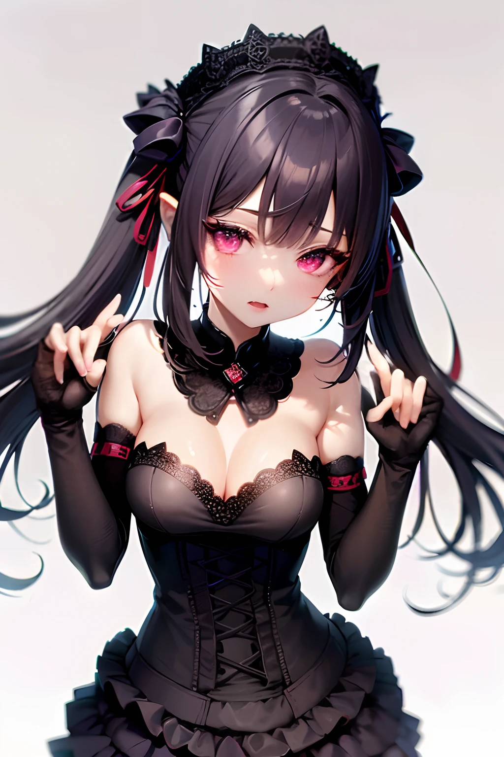 Meisterwerk, Top quality, (detaillierter Skin), 1girls, Vampire Girl, rosa lange haare, blutrote augen, black dress with white embellishments, perfect fingers