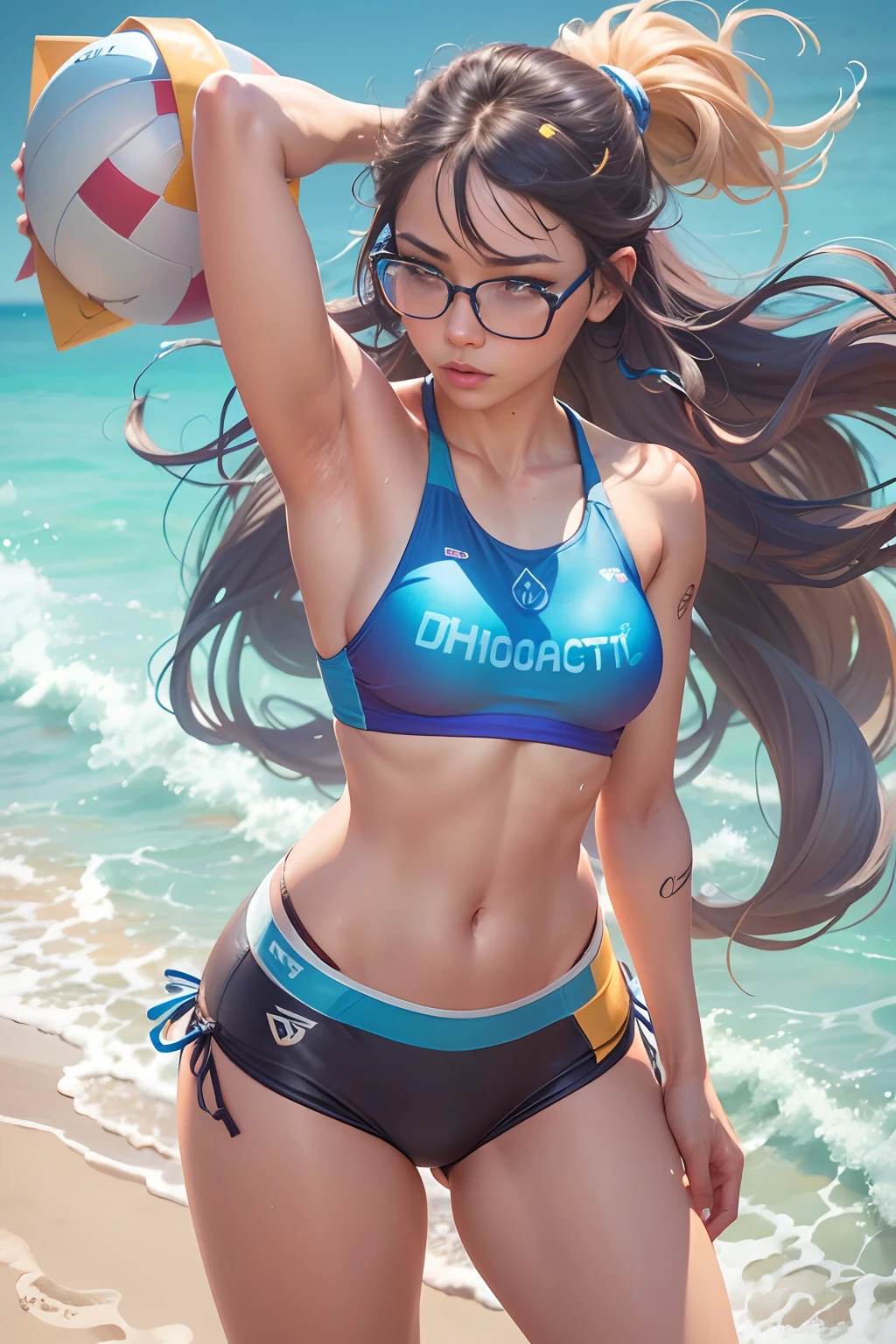 a close up of a person in a bikini on a beach, realistic bikini, from league of legends, blue tight t-shirt, from overwatch, ig model | Art Germ, wearing two - piece swimsuit, in swimwear, Wet swimsuit, Wearing a volleyball jersey, cute girl wearing a tank suit,Looking down at the camera