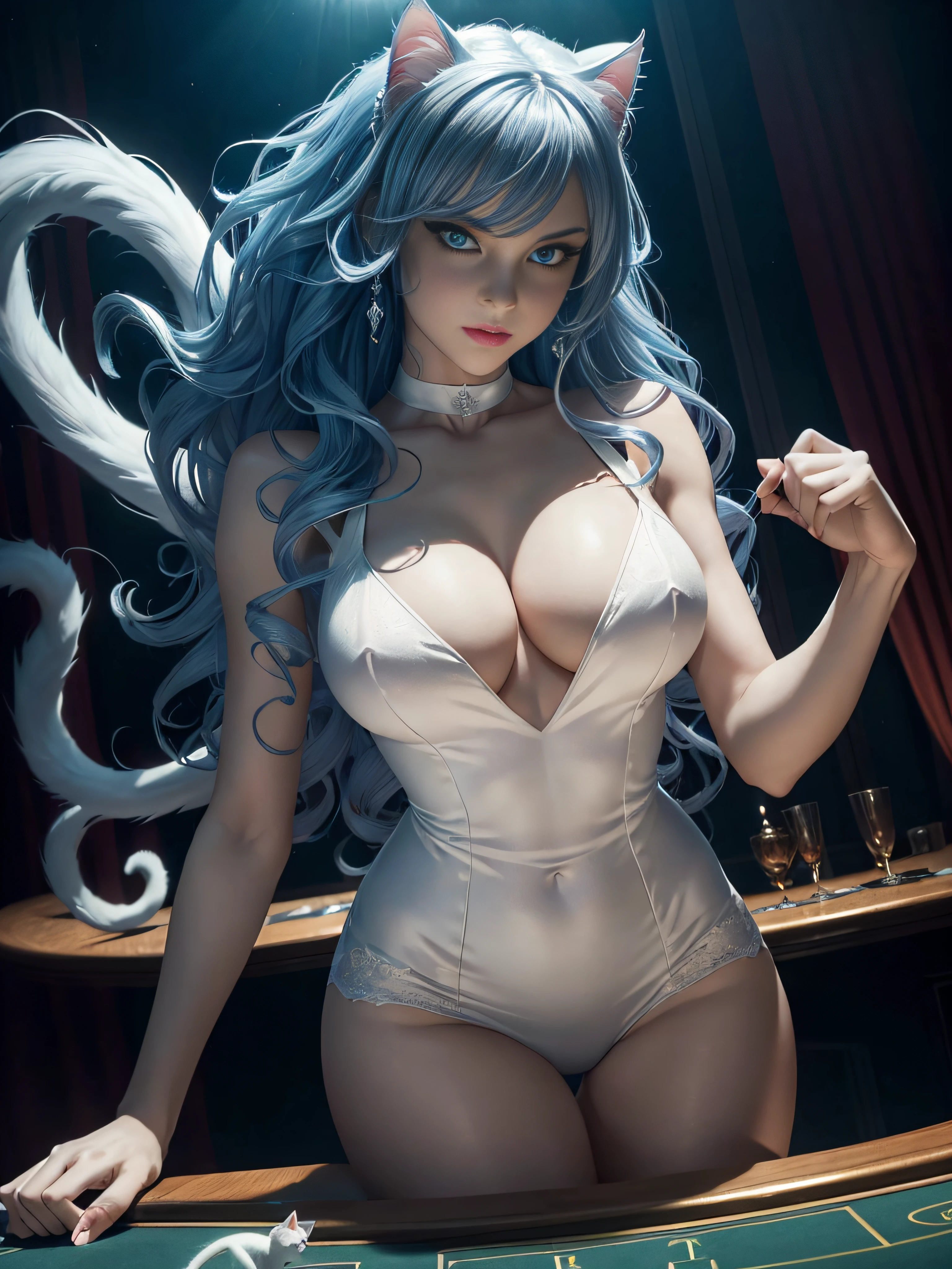 "(exquisitely detailed CG unity 8k wallpaper, masterpiece-quality with stunning realism), (best illumination, best shadow), (best quality), (elegant and demonic style:1.2), Arti modern anime. angled view, heroic pose, closeup full body portrait of stunningly beautiful Felicia Aensland from Darkstalkers she has ((long big volume blue wavy hair:1.2)), has white cat paws, ((white cat legs)), ((has white cat tail:1.2)), dynamic pose, white dress, full body, stunning body, in a casino at night with a cat neon light, coy flirty sexy cute expression, slim body, highly ornamented and detailed, white sheer pantyhose, depth of field blur effect, night, full zoom, action portrait, photorealistic. cinematic lighting, highly detailed. best quality, 4k, Better hand, perfect anatomy, leaning forward, foreshortening effects, coy flirty sexy expression, foreshortening effect, lying on a casino table, (piercing eyes:0.8), surrounded by an ominous and dark atmosphere, accentuated by dramatic and striking lighting, imbued with a sense of surreal fantasy".