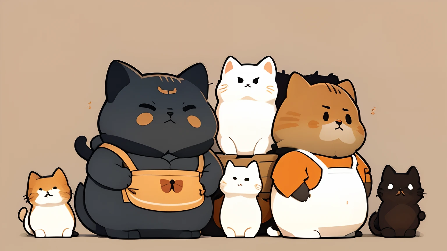 (Same character, front, side, back), raised lazy cat, (full body), in the center of the screen, flat illustration texture, simplified lighting, lazy cat, sleepy, cat chef, fat body, apron, brown color fur, digital art, 2D, frameless, generative front view, side view, back view