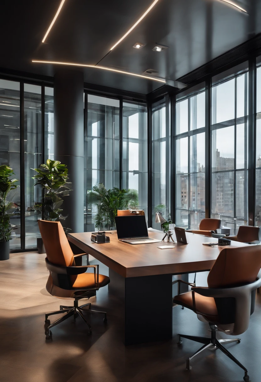 Modern office，Glass room, meeting room, office，desks，a chair , show room scene