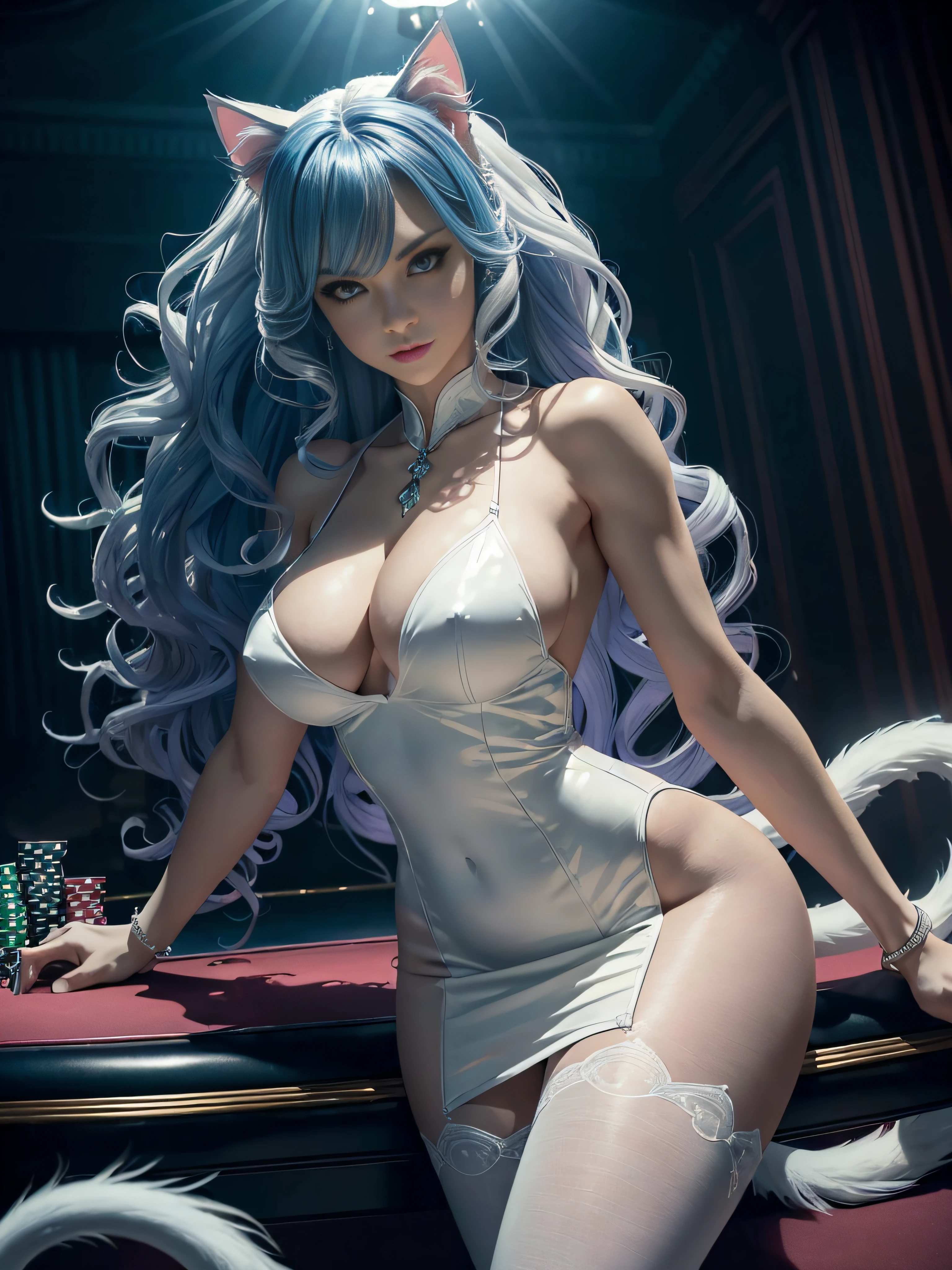 "(exquisitely detailed CG unity 8k wallpaper, masterpiece-quality with stunning realism), (best illumination, best shadow), (best quality), (elegant and demonic style:1.2), Arti modern anime. angled view, heroic pose, closeup full body portrait of stunningly beautiful Felicia Aensland from Darkstalkers she has ((long big volume blue wavy hair:1.2)), has white cat paws, ((white cat legs)), ((has white cat tail:1.2)), dynamic pose, white dress, full body, stunning body, in a casino at night with a cat neon light, coy flirty sexy cute expression, slim body, highly ornamented and detailed, white sheer pantyhose, depth of field blur effect, night, full zoom, action portrait, photorealistic. cinematic lighting, highly detailed. best quality, 4k, Better hand, perfect anatomy, leaning forward, foreshortening effects, coy flirty sexy expression, foreshortening effect, lying on a casino table, (piercing eyes:0.8), surrounded by an ominous and dark atmosphere, accentuated by dramatic and striking lighting, imbued with a sense of surreal fantasy".