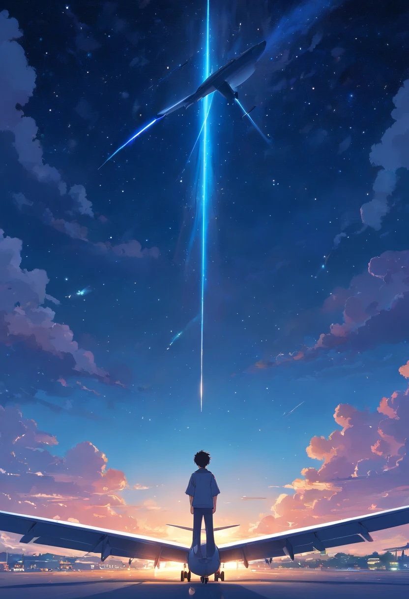 A man stands on a jet at night looking at the stars，A meteor flew by，Beautiful，𝓡𝓸𝓶𝓪𝓷𝓽𝓲𝓬，High- sharpness，style of surrealism