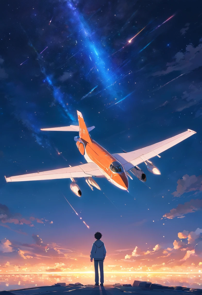 A man stands on a jet at night looking at the stars,A meteor flew by,Beautiful,𝓡𝓸𝓶𝓪𝓷𝓽𝓲𝓬,High- sharpness,style of surrealism