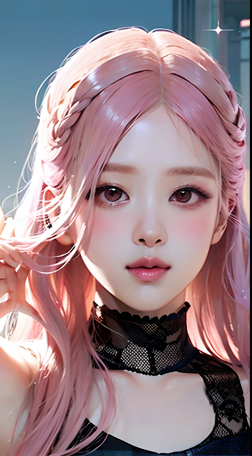 (best quality,ultra-detailed,photorealistic),pinkish colors,blackpink kpop idol,fantasy background,pretty smile,long wavy hair,glowing makeup,sparkling outfit,dreamy atmosphere,soft lighting,vibrant colors,fairy-like appearance