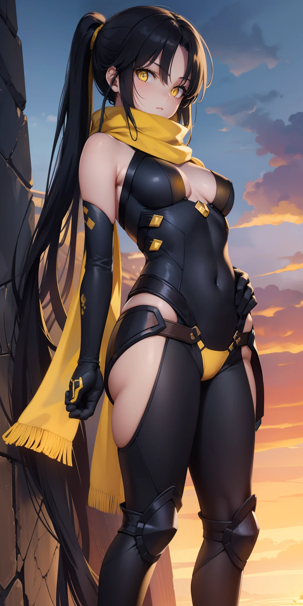 Danzoucato, Tanzo Kato, Android, Black hair, Long hair, pony tails, (Yellow eyes:1.5),
Break the tights, Open navel, Bare thighs,Elbow gloves, mitts, Scarf,
BREAK looking at viewer,
BREAK outdoors,
Break (Masterpiece:1.2), Best quality, high resolution, Unity 8k wallpaper, (illustration:0.8), (Beautiful detailed eyes:1.6), Extremely detailed face, Perfect lighting, Extremely detailed CG, (Perfect hands, Perfect anatomy),
