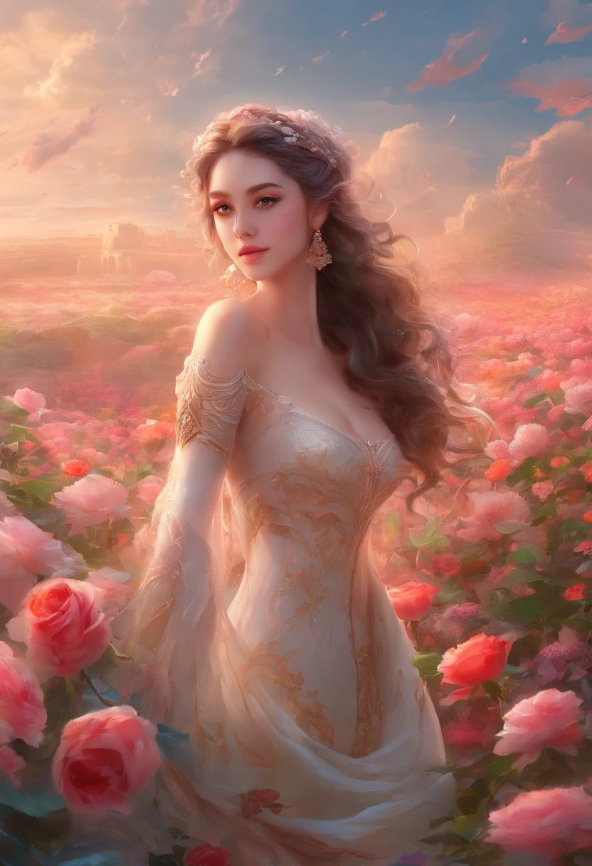 Background with：wide field，Wide rose fields，rose flower）Lie down in many roses， She has long red rose hair，seen from the front，， mostly blue cloudy sky，（（（tmasterpiece），（Very detailed CG unity 8K wallpaper），best qualtiy，cinmatic lighting，detailed back ground，beatiful detailed eyes，Bright pupils，Black eyes，Snow-whiteskin，Redlip（Very fine and beautiful），（Beautiful and detailed eye description），ultra - detailed，tmasterpiece，））facing at camera，A high resolution，ultra - detailed），revealing breasts，Big Breasts, 
 Bare genitalia，  Bulge，legs are open，Raised sexy，Camel toes，Desire for dissatisfaction，frontage，（Wearing：Sheer slip dress。Bare ）