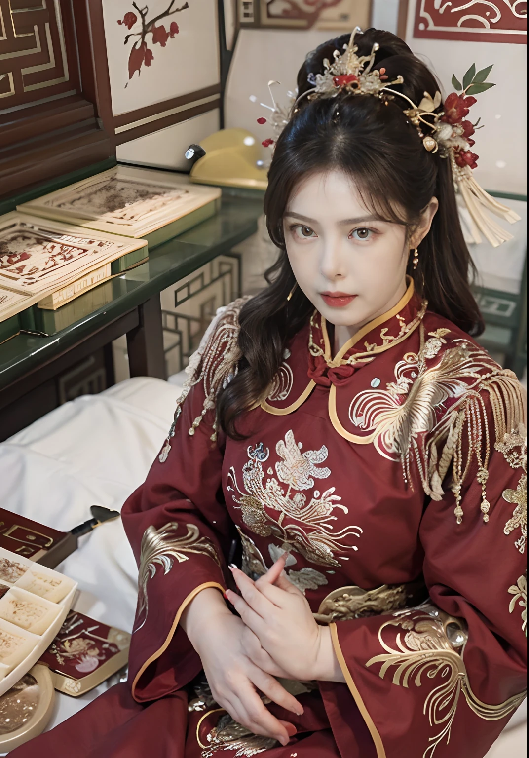 (Ultra-realistic 8k CG: 1.2), perfect artwork, delicate patterns, intricate details, (unparalleled masterpiece, best quality: 1.2), (extremely complex: 1.2), a woman in a red and gold dress, phoenix crown, hair stick, (sitting on a red bed), makeup, blush, shyness, black_hair, looking down, cosmetics, (forehead point), (2 red candles), Chinese_clothes, curtains, earrings, hair_ornament,hanfu, interior, jewelry, red nails, long_sleeves, red dress, red lips, tassels, (red quilt), (red palace: 1.2), (ancient Chinese architecture), (red: 1.8), night