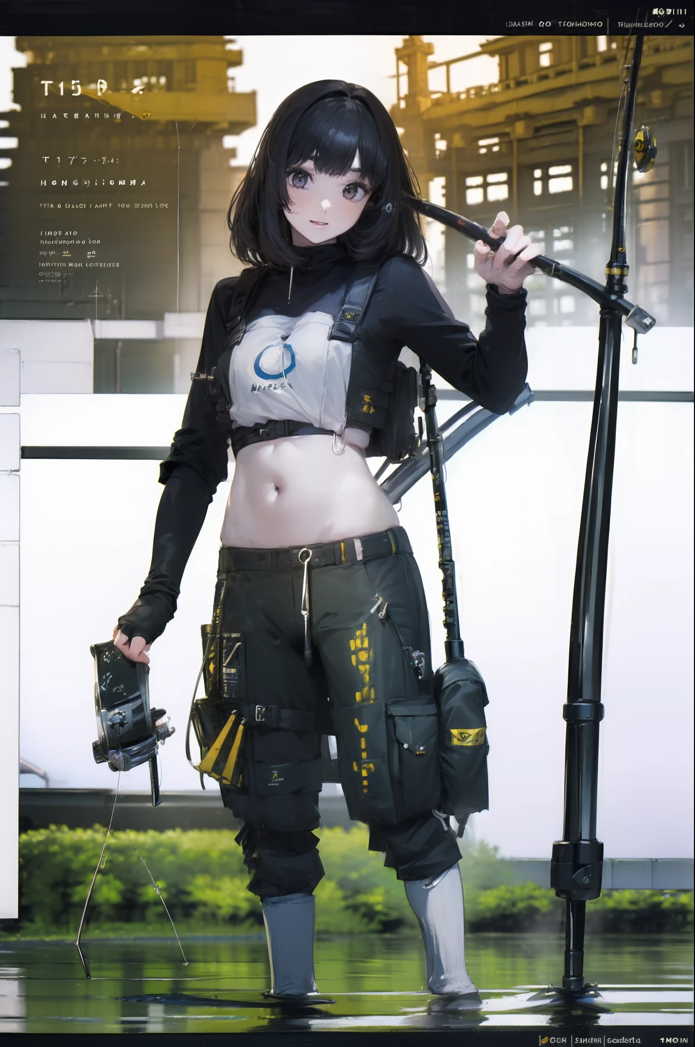((((Have a fishing rod with a reel:1.5)))),((Female 28 years old)),((Best Quality:1.5)),(((Fine fingers、Ratio 4 fingers and 1 thumb,detailed arms,detailed human hands))),(((Hands with the correct number and structure of fingers:1.4))),((Lakeside:1.37)),hight resolution,ultra-detailliert,masterpiece,best qualtiy,(Eight-headed body),(1 fishing rod,Holding a fishing rod in your hand,Fishing lure rod,Fishing Reels,Long Sleeve Outdoor Vest,Long pants for fishing,Big backpack),thin and long legs,Beautiful hip line,Beautiful spine,constricted back,Toned waist,beutiful breast),,Gentle smile,shiny lip,(1 fishing rod,Straight stretch fishing rod,Long fishing rod,Woman fishing with fishing rod in hand),Black hair, long eyeslashes, Solid Circle Eyes, drop shadow, Atmospheric perspective,Super Detail, ccurate, small brest,top-quality, blurry backround, bokeh dof:1.2, (masterpiece:1.3), Atmospheric perspective,Super Detail,dynamic compositions, Ultra High Quality,