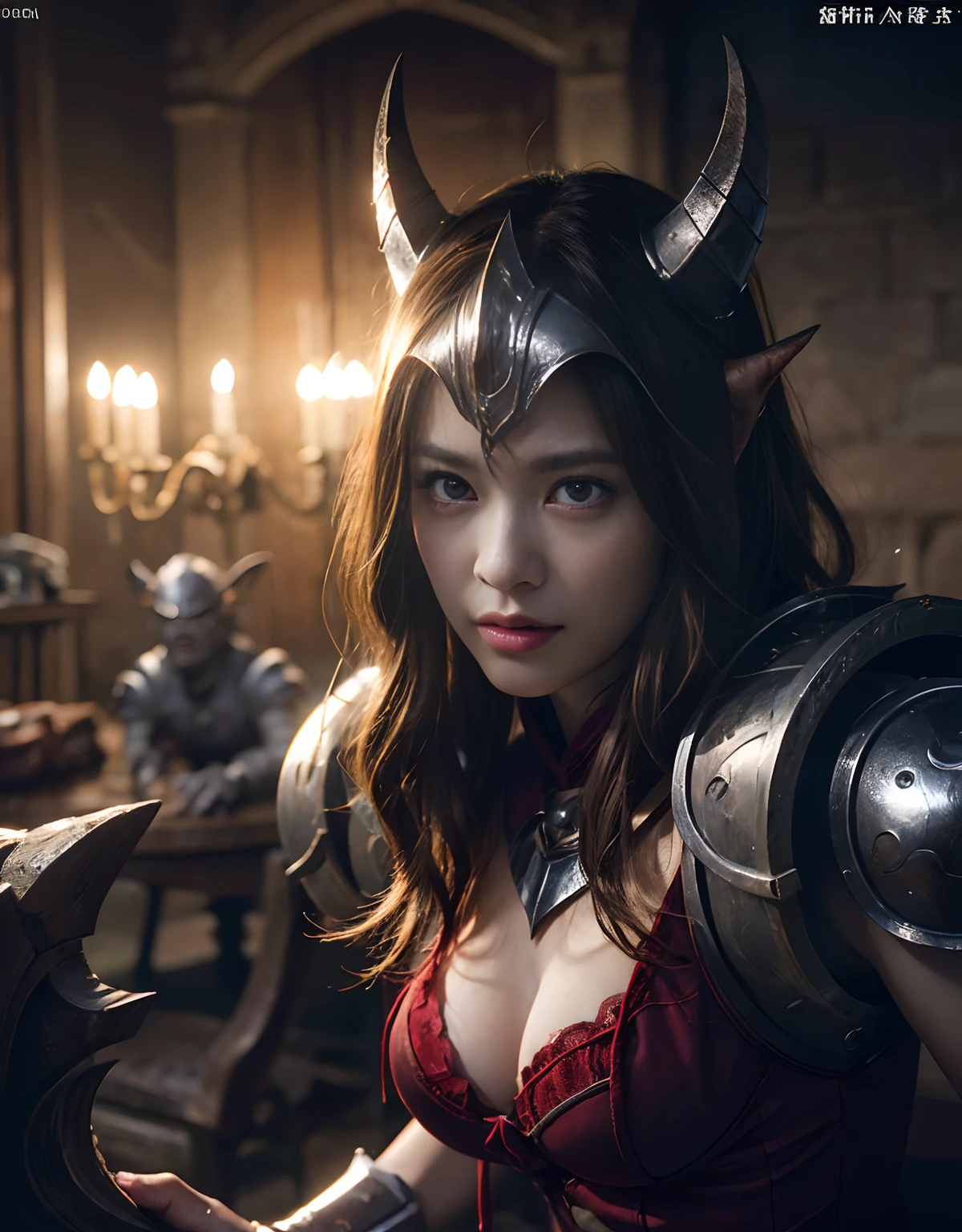 (One Knight Girl)、top-quality、masterpiece、超A high resolution、(Photorealsitic:1.4)、Raw photo、女の子1人、(Wear the Dark Knight's Armor)、glowy skin、(((Dark Fantasy)))、With a beautiful sword and shield、(Gorgeous Metal Bodysuit)、(Kobold、ogre、Fierce battle with orcs),()、Fight fiercely、(Background of decaying dungeon ruins)、(Ultimate Beauty)、(Knight's helmet)、(Fighting Demonic Beasts)、(Small LED)、((super realistic details))、portlate、(Strong giant demon beast background),globalillumination、Shadow、octan render、8K、ultrasharp、Colossal tits、Raw skin is exposed in cleavage、metals、Details of complex ornaments、Japan details、highly intricate detail、Realistic light、(Mystical expression),CGSoation Trends、Red Eyes、radiant eyes、Facing the camera)、Gundam、Small LED、Toostock、()、(Attack of the Monster Beasts)、(Wounded in a deadly battle)、
