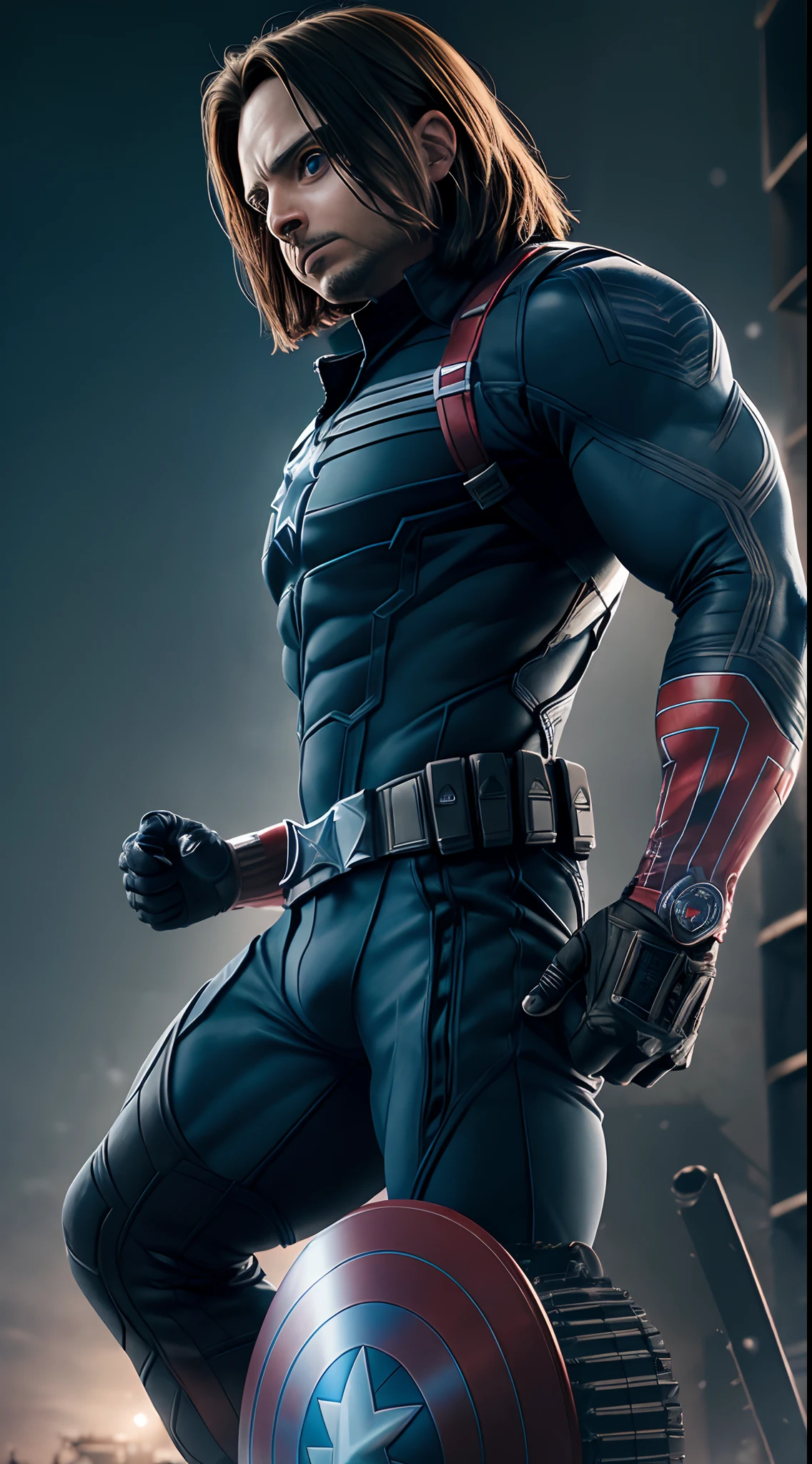 (((Winter Soldier))) marvel ,Bodybuilder, super strong, muscular, ABS, 35mm lens, robotic arm, photography, ultra details, HDR, UHD,8K